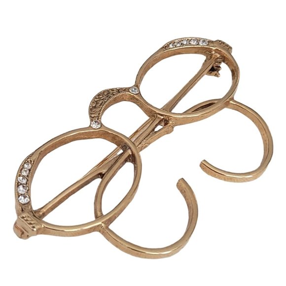 1928 Brand Gold Tone Clear Rhinestone Spectacles Eye Glass Brooch Pin K810 - Picture 2 of 7